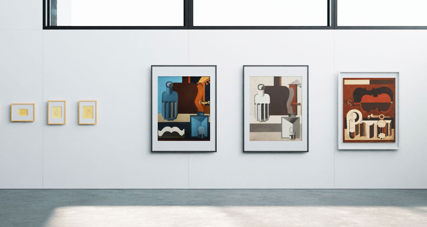 3つの作品が壁に掛けられている様子。左から、『垂直ギター(バージョン1)』、『垂直ギター(バージョン2)』、『赤いバイオリンの静物』